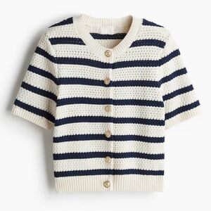 Navy and Cream Striped Cardigan metal buttons nautical NWT size L cotton blend